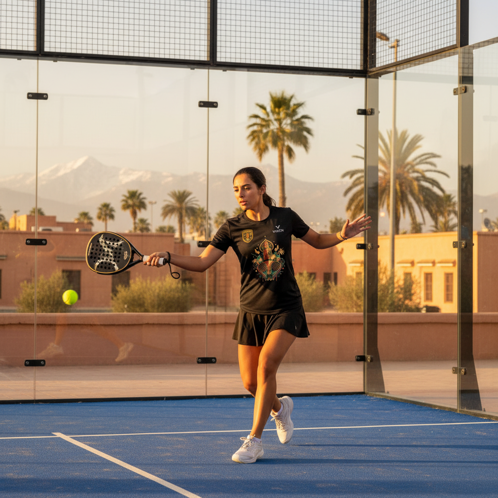 Femme jouant au padel à Marrakech avec le tee-shirt VALEN Marrakech