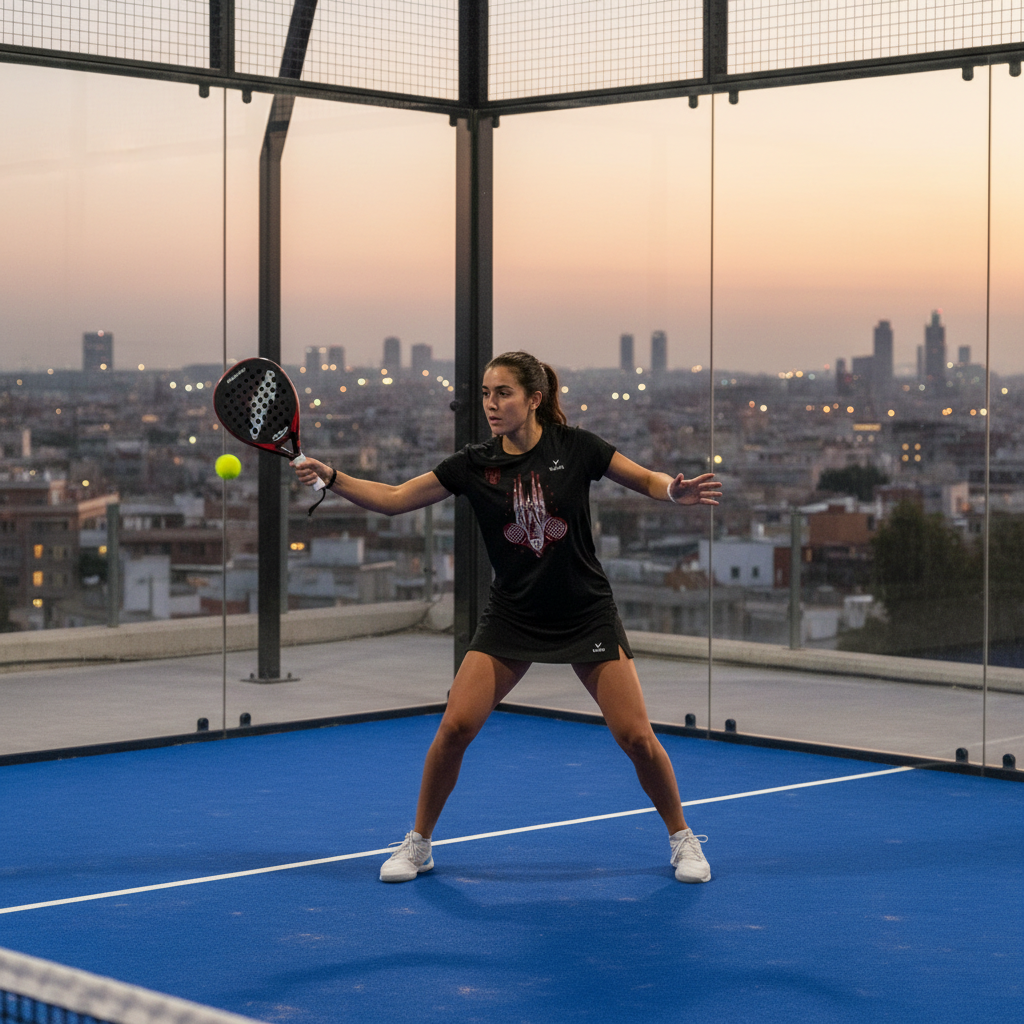 Femme jouant au padel sur terrain professionnel Barcelona