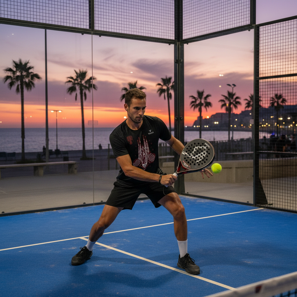 Homme jouant au padel au crépuscule avec plage de Barcelona