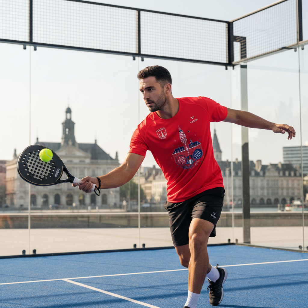 Homme jouant au padel avec le tee-shirt VALEN Lille Edition