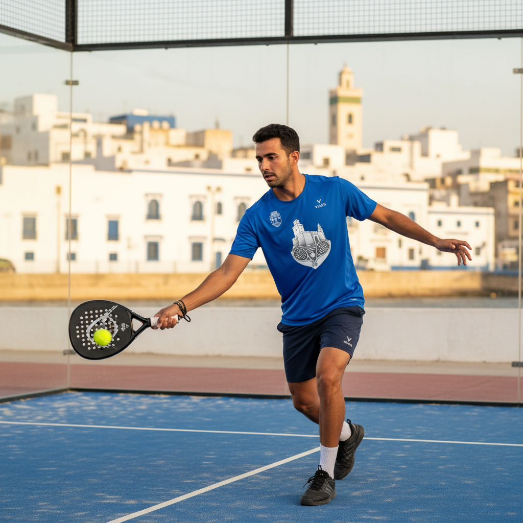 Homme jouant au padel avec t-shirt VALEN Tanger Edition à Tanger