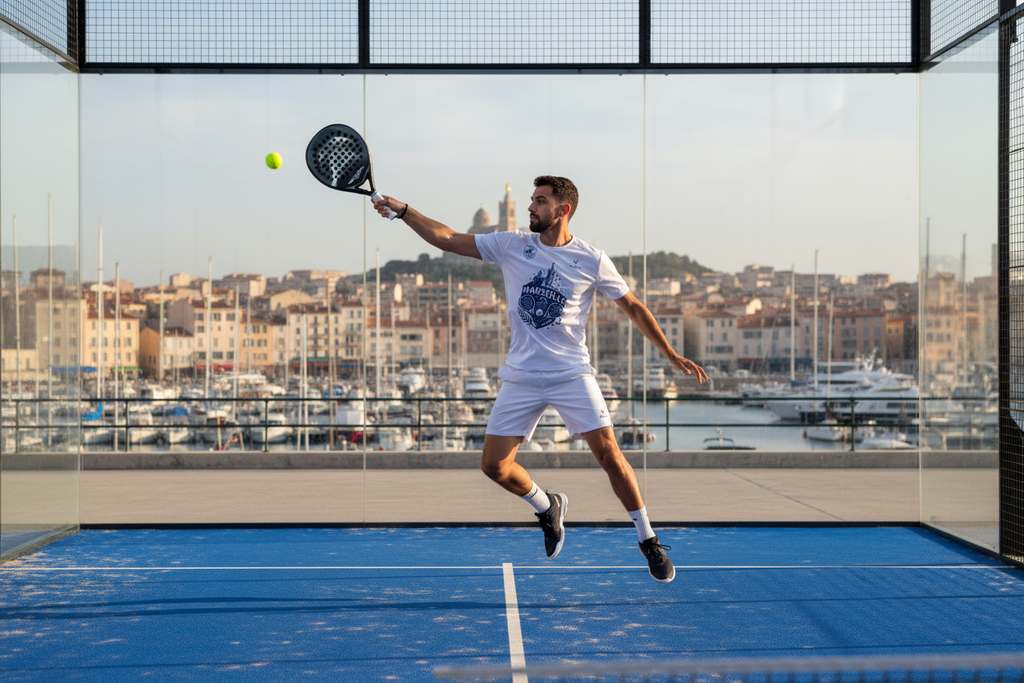 Homme jouant au padel avec tee-shirt Marseille