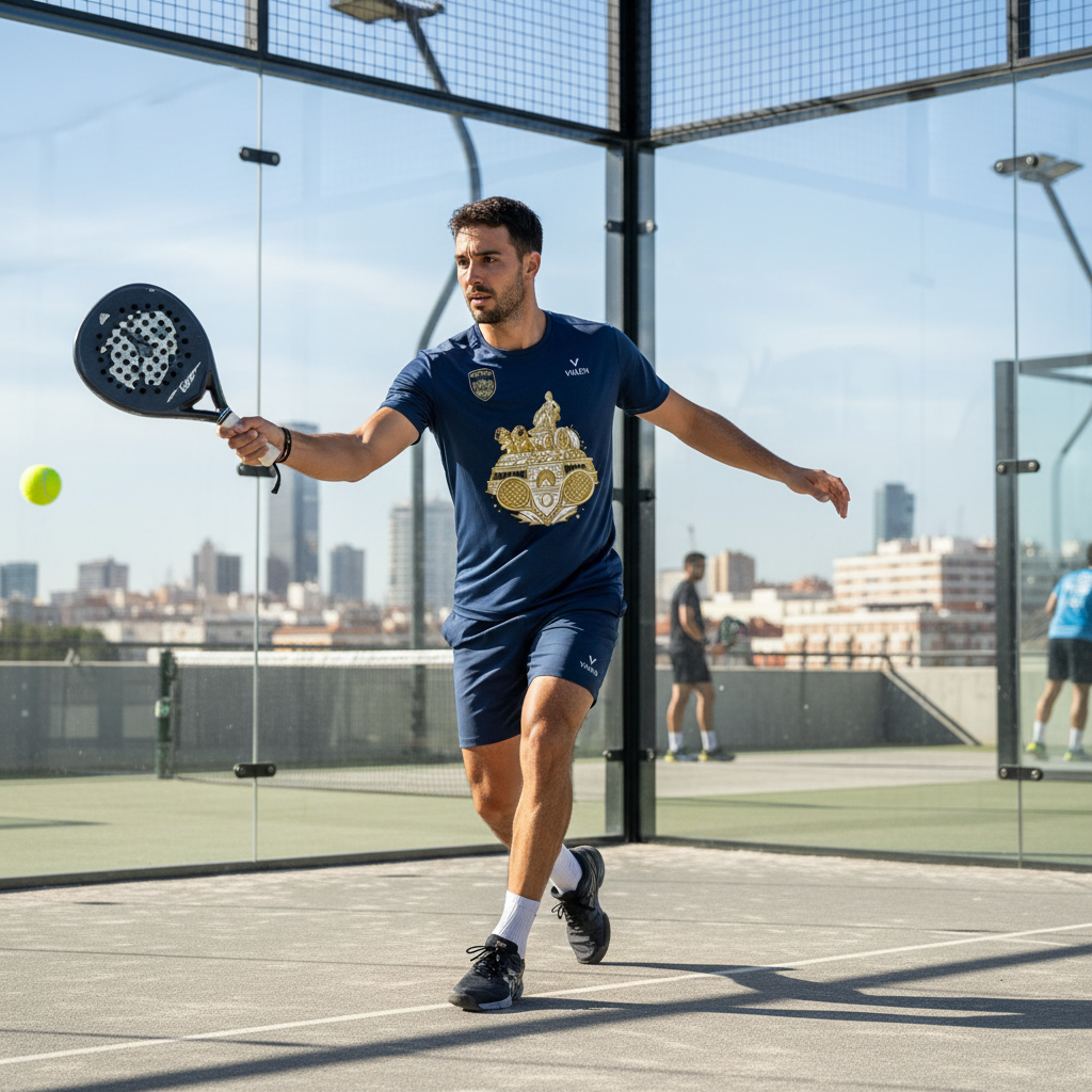 Homme jouant au padel à Madrid avec le t-shirt Madrid edition