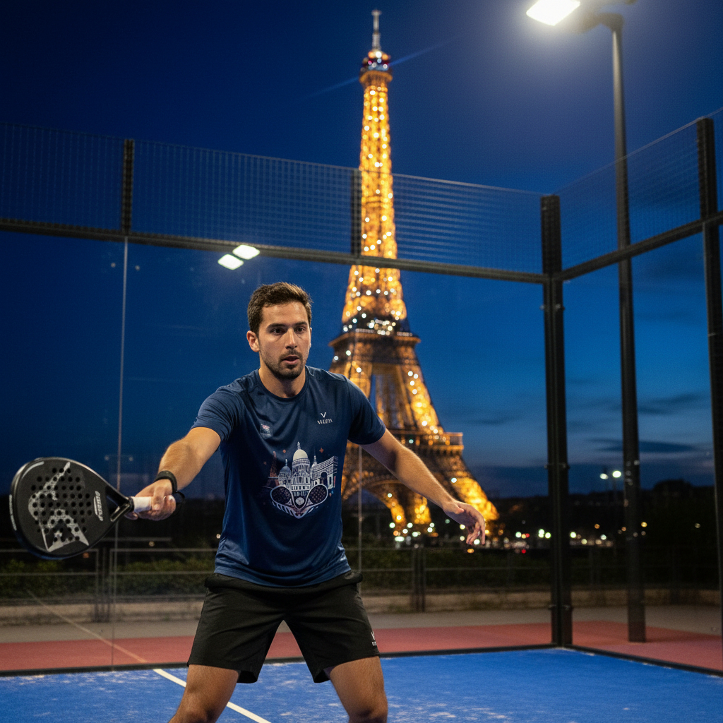 Homme jouant au padel à Paris la nuit avec la Tour Eiffel
