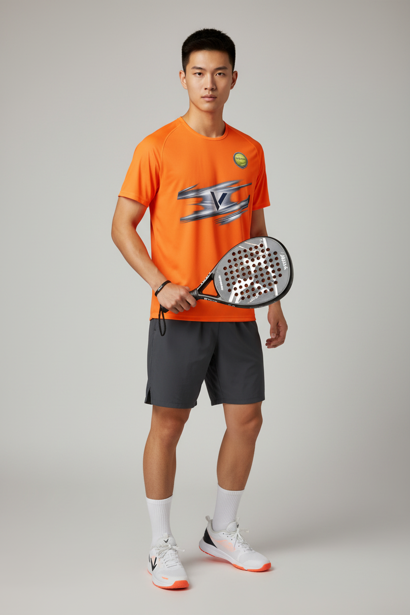 Mannequin asiatique portant le tee-shirt VALEN avec raquette de padel