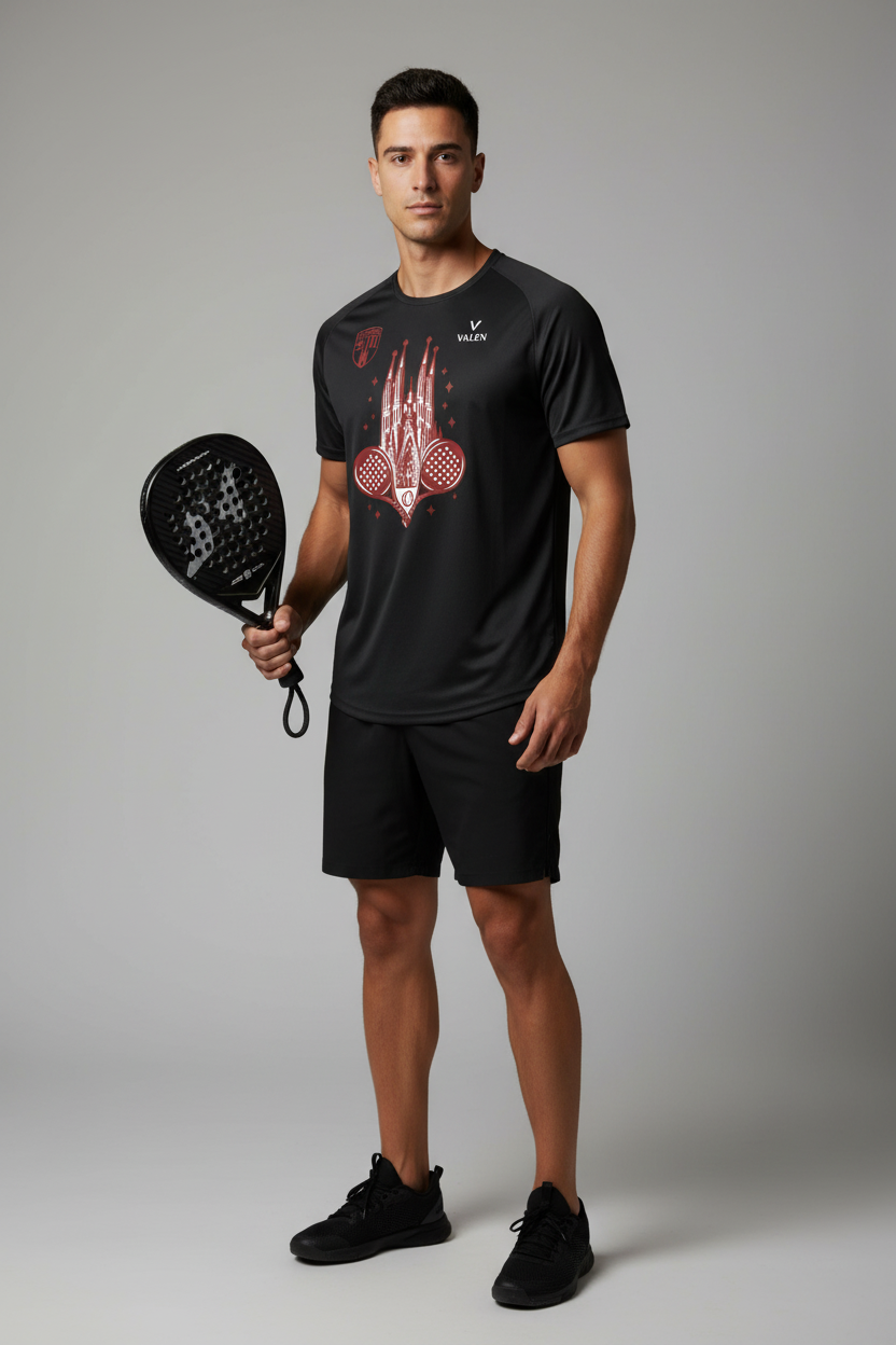 Mannequin portant le tee-shirt Barcelona VALEN avec raquette de padel