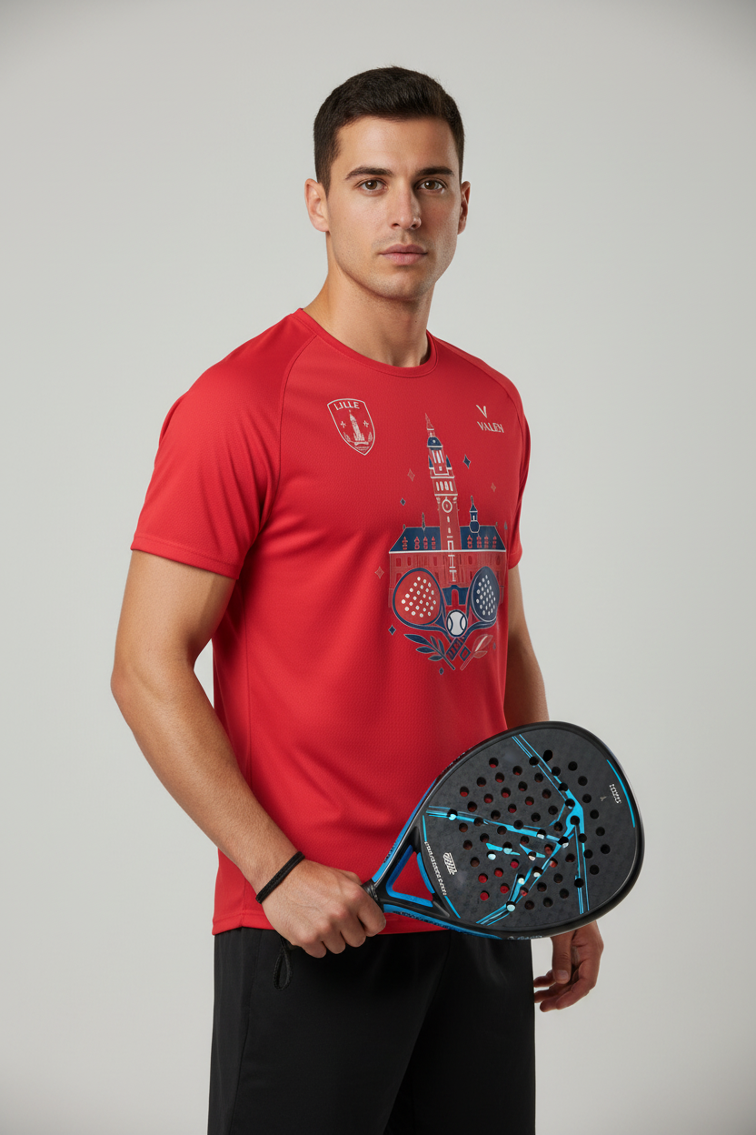 Mannequin portant le tee-shirt Lille VALEN avec raquette de padel