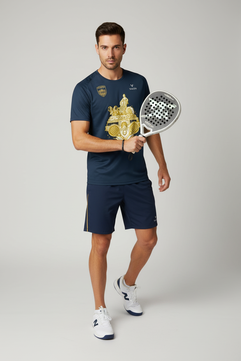Mannequin portant le tee-shirt Madrid VALEN avec raquette de padel