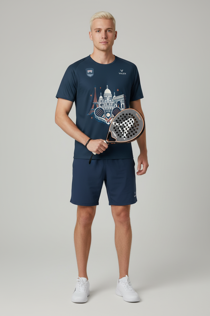 Mannequin portant le tee-shirt Paris VALEN avec raquette de padel