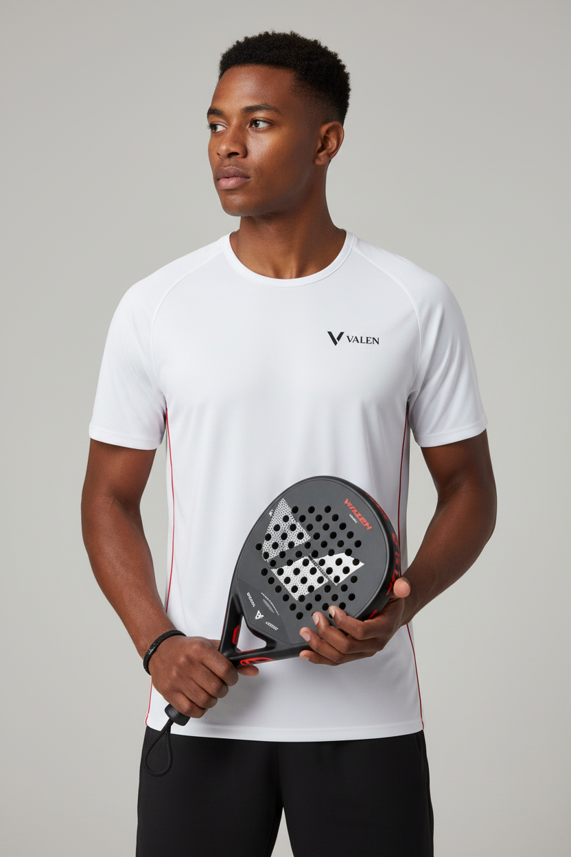 Mannequin portant le tee-shirt VALEN avec raquette de padel