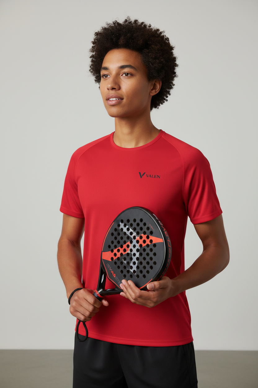 Mannequin portant le tee-shirt VALEN rouge avec raquette de padel