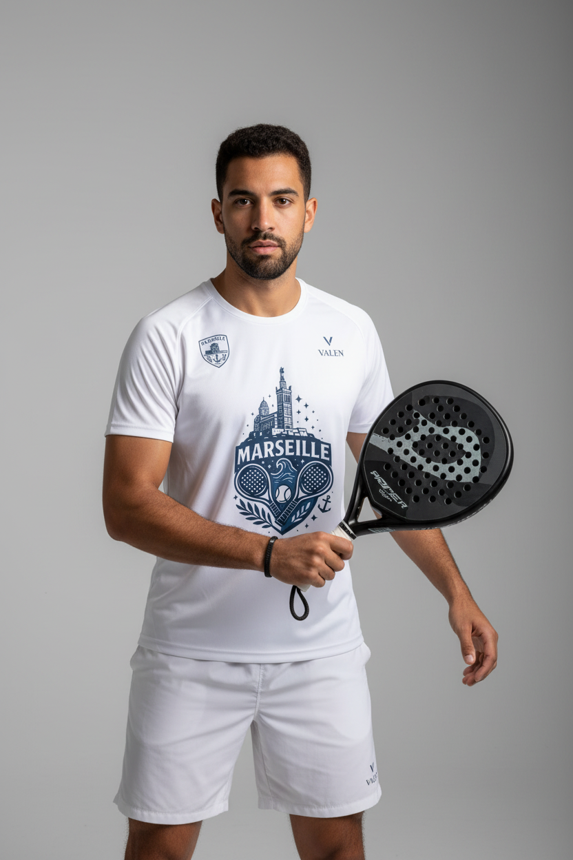 Tee-shirt Marseille porté par un modèle humain avec raquette de padel